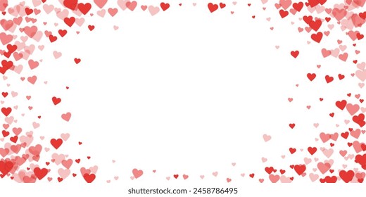 Sprinkled hearts valentine template. Red hearts scattered on white background. Festive sprinkled hearts vector illustration.