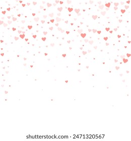 Sprinkled hearts valentine template. Red hearts scattered on white background. Festive sprinkled hearts vector illustration.