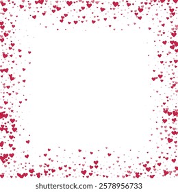 Sprinkled hearts valentine template. Red hearts scattered on white background. Festive sprinkled hearts vector illustration.