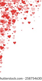 Sprinkled hearts valentine template. Red hearts scattered on white background. Festive sprinkled hearts vector illustration.