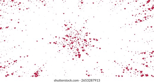 Sprinkled hearts valentine template. Red hearts scattered on white background. Festive sprinkled hearts vector illustration.