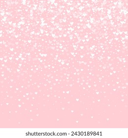 Sprinkled hearts valentine template. White hearts scattered on pink background. Festive sprinkled hearts vector illustration.