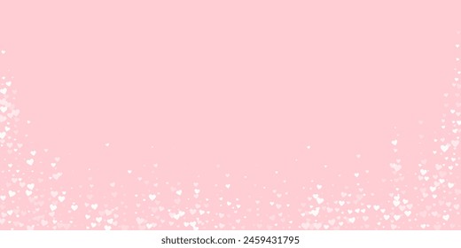 Sprinkled hearts valentine template. White hearts scattered on pink background. Festive sprinkled hearts vector illustration.