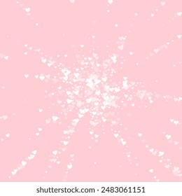 Sprinkled hearts valentine template. White hearts scattered on pink background. Festive sprinkled hearts vector illustration.