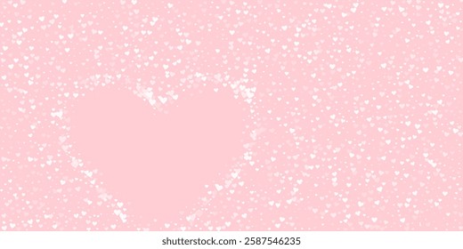 Sprinkled hearts valentine template. White hearts scattered on pink background. Festive sprinkled hearts vector illustration.