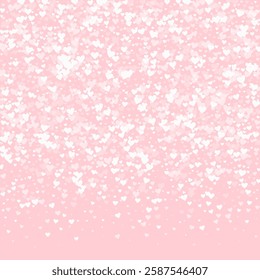 Sprinkled hearts valentine template. White hearts scattered on pink background. Festive sprinkled hearts vector illustration.