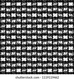 Sprinkled pattern with hatched crossed stripes. Drawing in black and white. Plaid fabric background. Vector illustration.