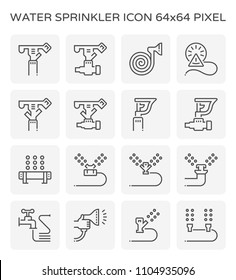 Sprinkler icon or irrigation sprinkler. Consist of sprinkler head, water spray, faucet, hose, tube. Part of automatic irrigation system for watering lawn, field, grass in garden, seed and crop in farm