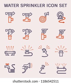 Sprinkler icon or irrigation sprinkler. Consist of sprinkler head, water spray, faucet, hose, tube. Part of automatic irrigation system for watering lawn, field, grass in garden, seed and crop in farm
