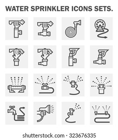 Sprinkler icon or irrigation sprinkler. Consist of sprinkler head, water spray, faucet, hose, tube. Part of automatic irrigation system for watering lawn, field, grass in garden, seed and crop in farm