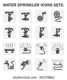 Sprinkler icon or irrigation sprinkler. Consist of sprinkler head, water spray, faucet, hose, tube. Part of automatic irrigation system for watering lawn, field, grass in garden, seed and crop in farm