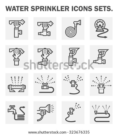 Sprinkler icon or irrigation sprinkler. Consist of sprinkler head, water spray, faucet, hose, tube. Part of automatic irrigation system for watering lawn, field, grass in garden, seed and crop in farm