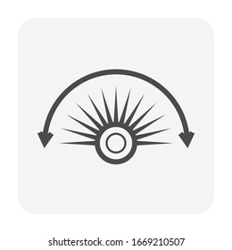 Sprinkler icon or irrigation sprinkler. Degree adjustable type. Part of automatic irrigation system for watering grass, seed, tree and lawn. Device working with water pump, valve, hose and pipe.