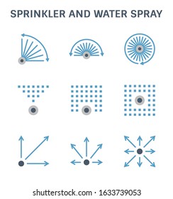 Sprinkler icon or irrigation sprinkler. Degree, spray pattern and stream adjustable. Part of automatic irrigation system for watering grass, seed, tree and lawn. Working with water pump, valve, hose.