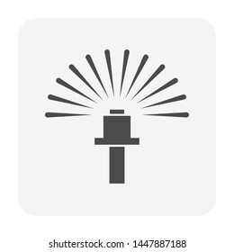 Sprinkler icon or irrigation sprinkler. Device is a part of automatic irrigation system for watering lawn, field and grass in garden, seed and crop in farm. Device working with water pump, hose pipe.