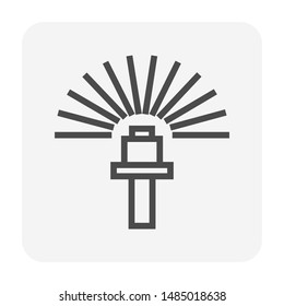 Sprinkler icon or irrigation sprinkler. Device is a part of automatic irrigation system for watering lawn, field and grass in garden, seed and crop in farm. Device working with water pump, hose pipe.