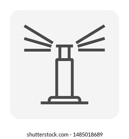 Sprinkler icon or irrigation sprinkler. Device is a part of automatic irrigation system for watering lawn, field and grass in garden, seed and crop in farm. Device working with water pump, hose pipe.