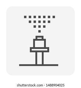 Sprinkler icon or irrigation sprinkler. Device is a part of automatic irrigation system for watering lawn, field and grass in garden, seed and crop in farm. Device working with water pump, hose pipe.