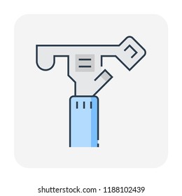 Sprinkler icon or irrigation sprinkler. Impact head type. Part of automatic irrigation system for watering lawn, field and grass in garden, seed and crop in farm. Working with pump, valve, hose pipe.