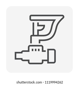 Sprinkler icon or irrigation sprinkler. Part of automatic irrigation system for watering lawn, field and grass in garden, seed and crop in farm. Device working with water pump. 64x64 pixel line icon.