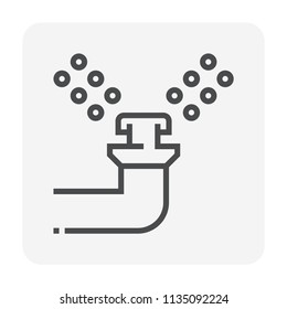 Sprinkler icon or irrigation sprinkler. Part of automatic irrigation system for watering lawn, field and grass in garden, seed and crop in farm. Device working with water pump. 64x64 pixel line icon.