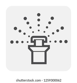 Sprinkler icon or irrigation sprinkler. Part of automatic irrigation system for watering lawn, field and grass in garden, seed and crop in farm. Device working with water pump, valve, hose and pipe.