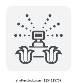 Sprinkler icon or irrigation sprinkler and spraying water to plant. Device is a part of Automatic irrigation system for watering lawn, field and grass in garden, crop in farm. Working with pump, pipe.
