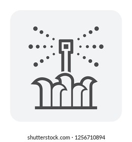 Sprinkler icon or irrigation sprinkler and spraying water to plant. Device is a part of Automatic irrigation system for watering lawn, field and grass in garden, crop in farm. Working with pump, pipe.