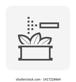 Sprinkler icon or irrigation sprinkler and spraying water to plant. Device is a part of Automatic irrigation system for watering lawn, field and grass in garden, crop in farm. Working with pump, pipe.