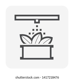 Sprinkler icon or irrigation sprinkler and spraying water to plant. Device is a part of Automatic irrigation system for watering lawn, field and grass in garden, crop in farm. Working with pump, pipe.