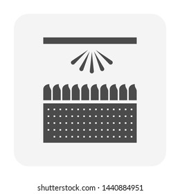 Sprinkler icon or irrigation sprinkler and spraying water to plant. Device is a part of Automatic irrigation system for watering lawn, field and grass in garden, crop in farm. Working with pump, pipe.