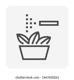 Sprinkler icon or irrigation sprinkler and spraying water to plant. Device is a part of Automatic irrigation system for watering lawn, field and grass in garden, crop in farm. Working with pump, pipe.