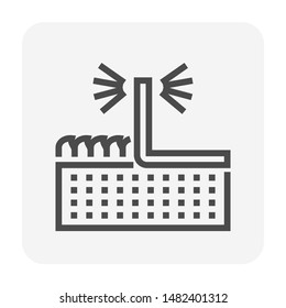 Sprinkler icon or irrigation sprinkler and spraying water to plant. Device is a part of Automatic irrigation system for watering lawn, field and grass in garden, crop in farm. Working with pump, pipe.