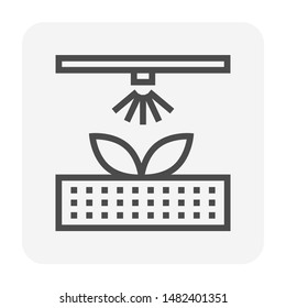 Sprinkler icon or irrigation sprinkler and spraying water to plant. Device is a part of Automatic irrigation system for watering lawn, field and grass in garden, crop in farm. Working with pump, pipe.