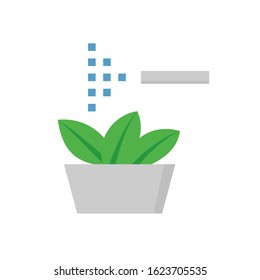 Sprinkler icon or irrigation sprinkler and spraying water to plant. Device is a part of Automatic irrigation system for watering lawn, field and grass in garden, crop in farm. Working with pump, pipe.