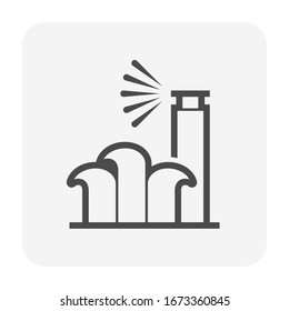 Sprinkler icon or irrigation sprinkler and spraying water to plant. Device is a part of Automatic irrigation system for watering lawn, field and grass in garden, crop in farm. Working with pump, pipe.