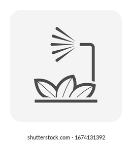 Sprinkler icon or irrigation sprinkler and spraying water to plant. Device is a part of Automatic irrigation system for watering lawn, field and grass in garden, crop in farm. Working with pump, pipe.