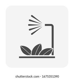 Sprinkler icon or irrigation sprinkler and spraying water to plant. Device is a part of Automatic irrigation system for watering lawn, field and grass in garden, crop in farm. Working with pump, pipe.
