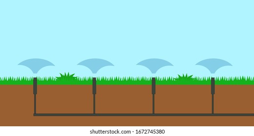 Sprinkler-System für die automatische Bewässerung und Bewässerung der Rasenflächen Blumenbeete Pflanzen Blumen Schema Umriss. Vektorillustration der Layoutzeichnung
