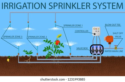 Sistema de rociadores. Concepto de riego dinámico central. Campo agrícola. Riego por goteo de brotes utilizando maquinaria agrícola. Industria agrícola de campo. Crecimiento orgánico. Ilustración plana vectorial.