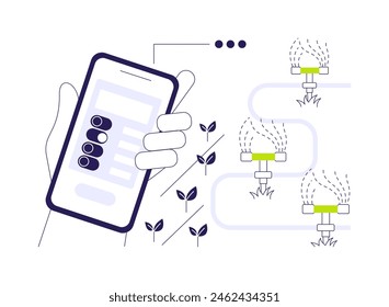 Sprinkler system testing abstract concept vector illustration. Repairman testing new sprinkler system using smartphone app, irrigation indicators, garden maintenance abstract metaphor.