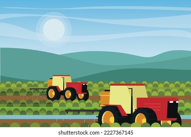 Rociador de tractores riego campo de explotación agrícola orgánica 2d concepto de ilustración vectorial para banner, sitio web, ilustración, página de aterrizaje, volante, etc