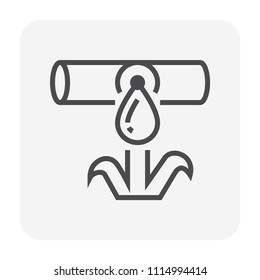 Sprinkler vector line icon or irrigation sprinkler and spraying water to plant. Device is a part of Automatic irrigation system for watering lawn, field and grass in garden, crop in farm. 64x64 pixel.