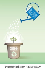 sprinkler watering the year 2016 growing in a flower pot