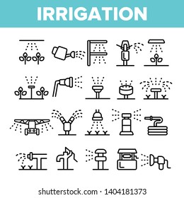 Sprinklers, Irrigation Technology Vector Linear Icons Set. Water Sprinklers Outline Symbols Pack. Garden, Field Watering Modern System. Lawn Automatic Sprayer Isolated Contour Illustrations