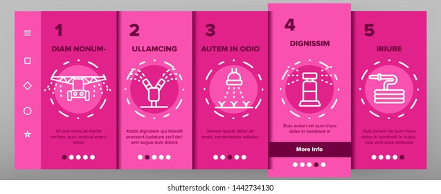 Sprinklers, Irrigation Technology Vector Onboarding Mobile App Page Screen. Water Sprinklers Outline Symbols Pack. Garden, Field Watering Modern System. Lawn Automatic Sprayer Illustrations
