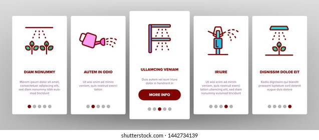 Sprinklers, Irrigation Technology Vector Onboarding Mobile App Page Screen. Water Sprinklers Outline Symbols Pack. Garden, Field Watering Modern System. Lawn Automatic Sprayer Illustrations