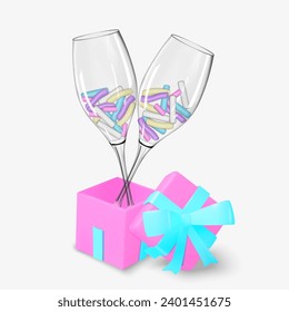 Sprinkles in champagne glasses inside a gift box colorful festive design vector