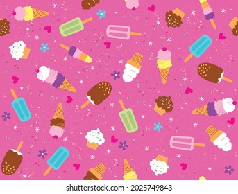 Sprinkles, cupcakes, ice cream, and popsicles scattered on a bright, pink background. This vector pattern sure looks good enough to eat. It also repeats seamlessly.