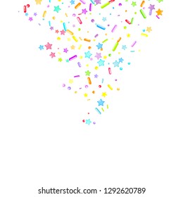Sprinkles grainy. Cupcake donuts, dessert, sugar, bakery background. Sweet confetti on white chocolate glaze background. Vector Illustration sprinkles holiday designs, party, birthday, invitation.